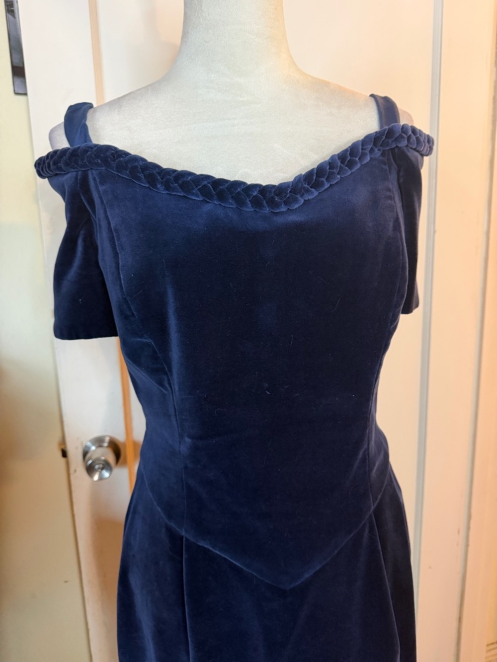 Watters Midnight Blue Velvet Off the Shoulder Maxi Dress Wedding Event Formal - Picture 2 of 14